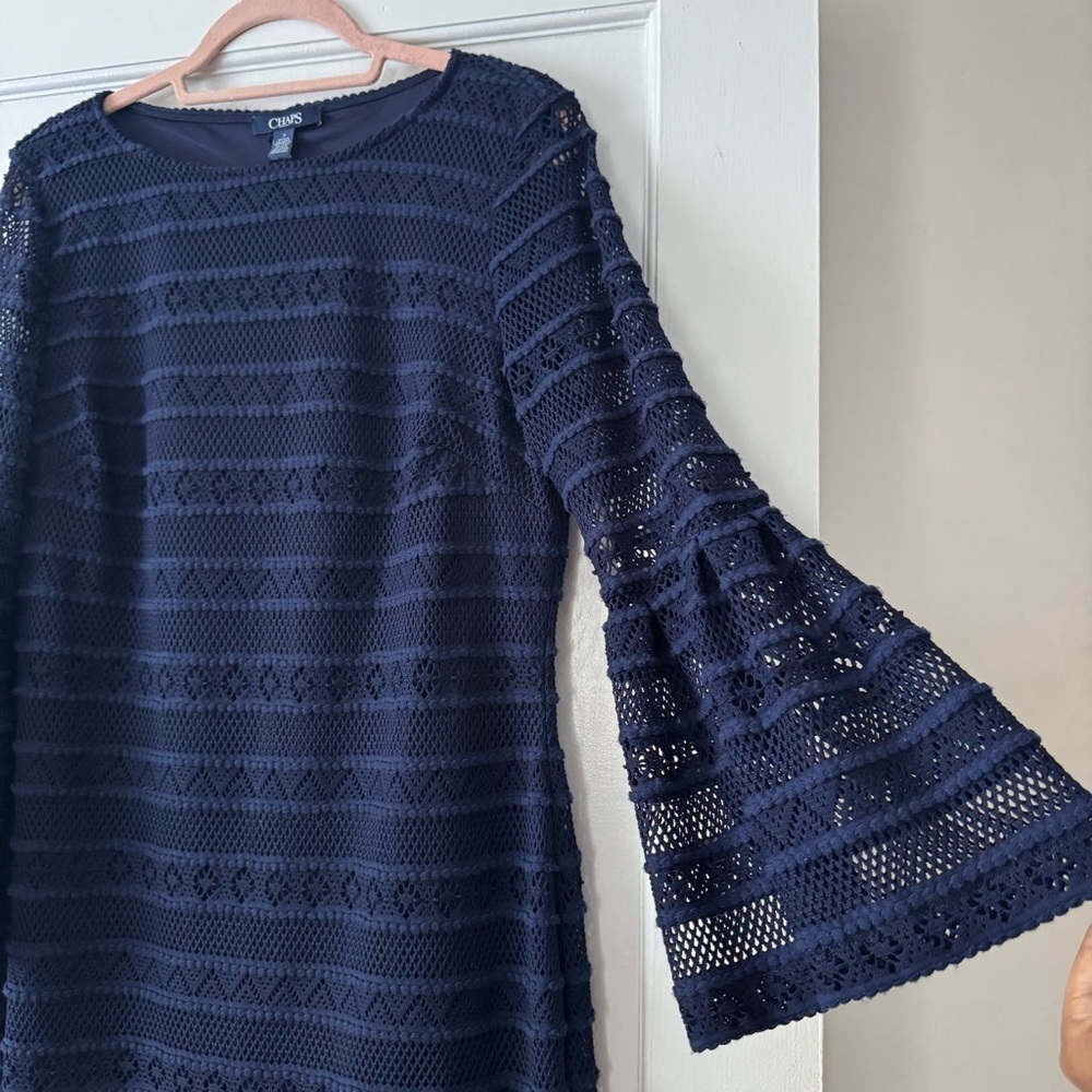 Chaps Midnight Blue Long Sheer Bell Sleeve Dress Size 12 Classic, Contemporary - Picture 5 of 13